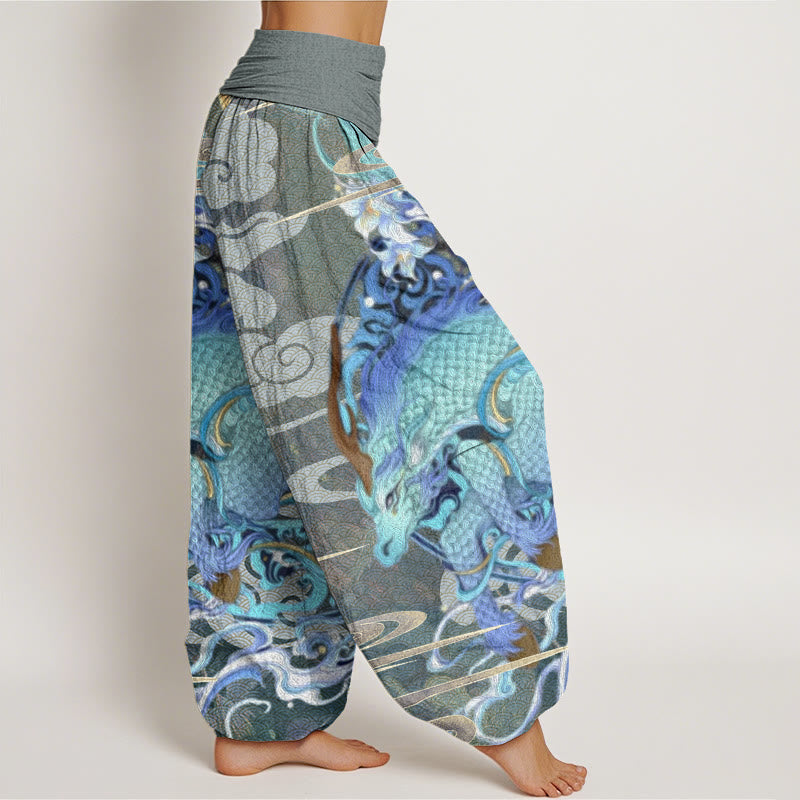 Dragons Auspicious Clouds Pattern Women's Elastic Waist Harem Pants