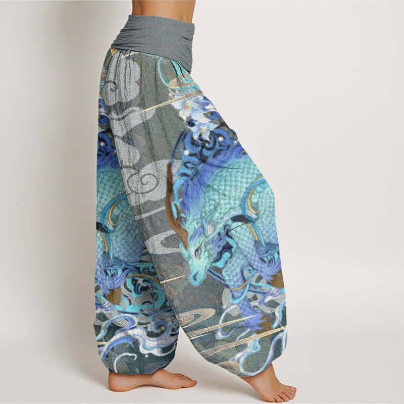 Dragons Auspicious Clouds Pattern Women's Elastic Waist Harem Pants