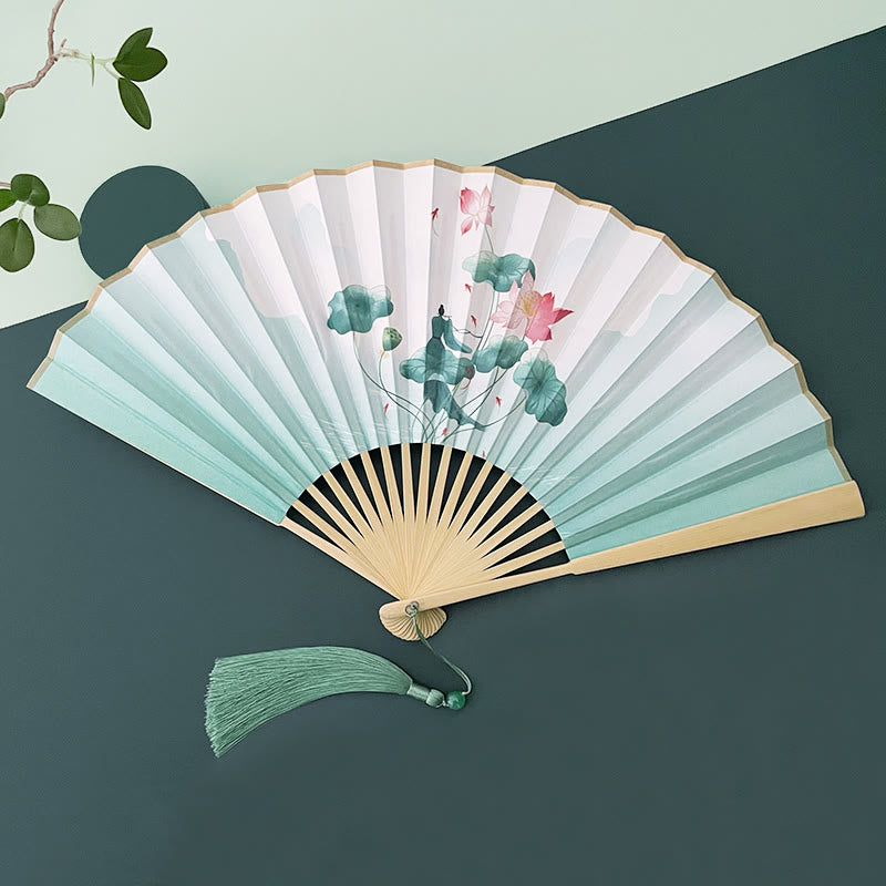 Retro Lotus Flower Leaf Mountain Lake Handheld Folding Fan With Bamboo Frames