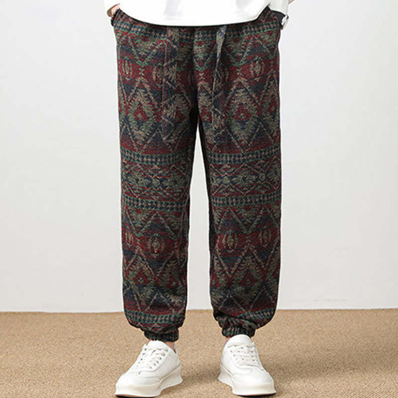 Ethnic Jacquard Knitting Drawstring Men's Pants With Pockets