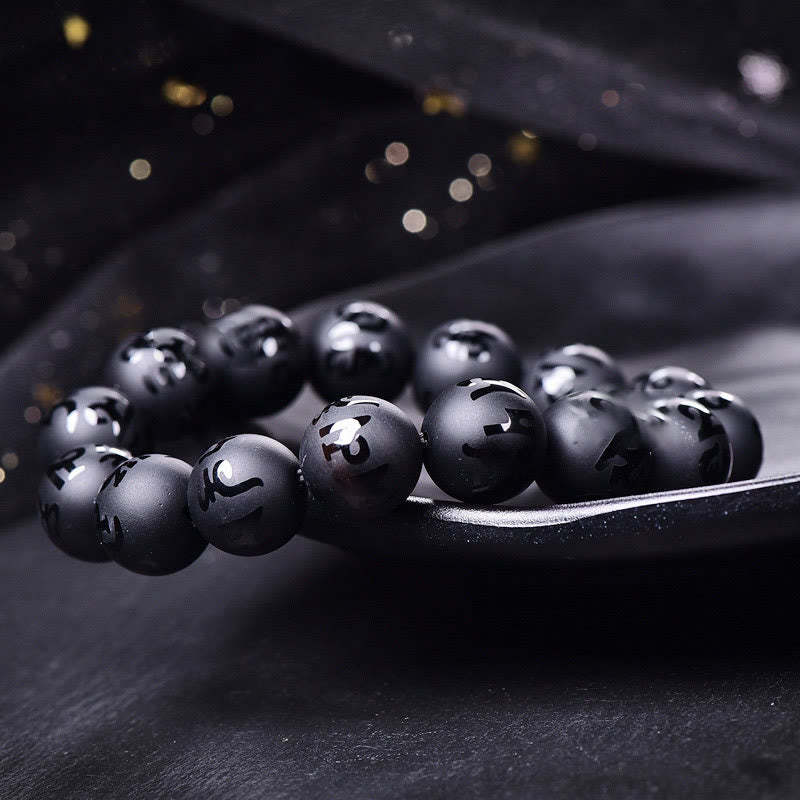 Natural Black Onyx Om Mani Padme Hum Carved Protection Bracelet