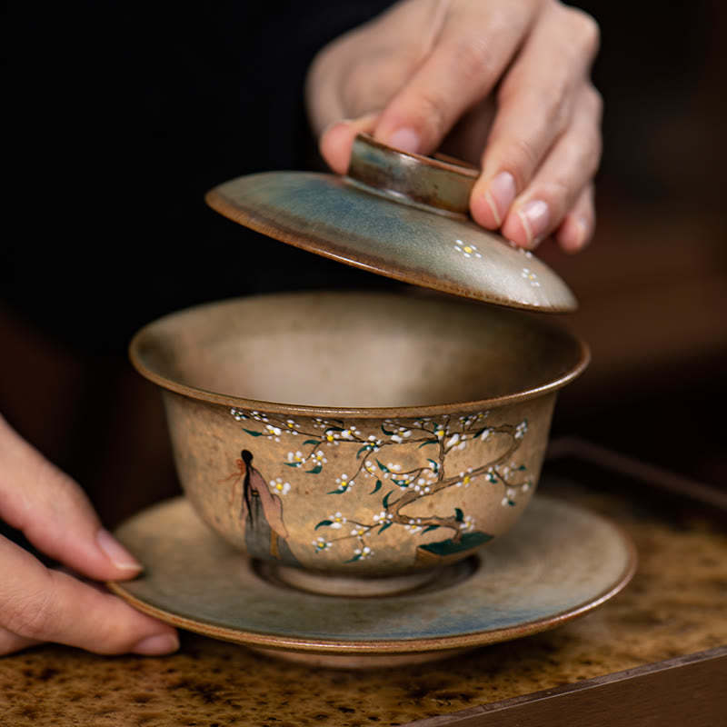 Jingdezhen Hand Painted Ru Kiln Porcelain Hanfu Girl Flower Ceramic Gaiwan Sancai Teacup Kung Fu Tea Cup And Saucer With Lid