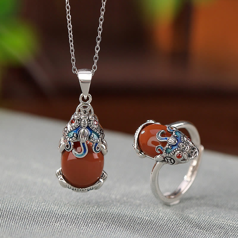 925 Sterling Silver Red Agate Copper Coins PiXiu Protection Ring Necklace Pendant Set