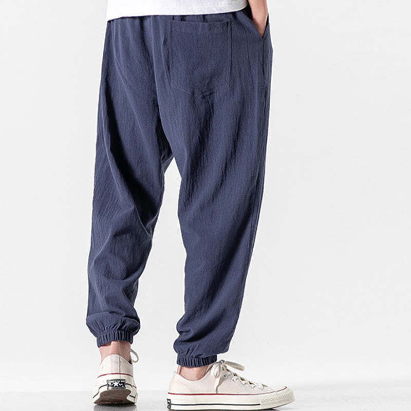 Solid Color Drawstring Cotton Men's Pants With Pockets