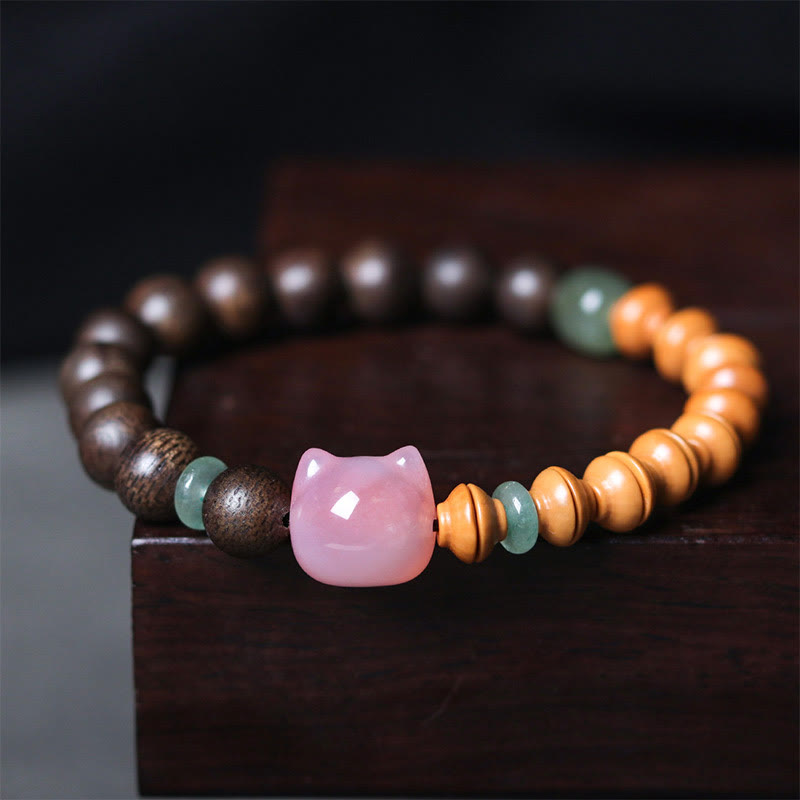 6mm Qinan Agarwood Olive Pit Yanyuan Agate Cat Shape Balance Bracelet