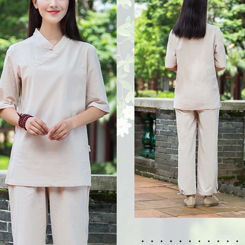 2Pcs Half Sleeve V-Neck Shirt Top Pants Meditation Zen Tai Chi Linen Clothing Women's Set
