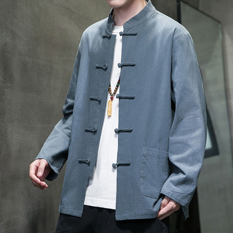Solid Color Frog-button Tang Suit Cotton Linen Men's Jacket Shirt With Pockets