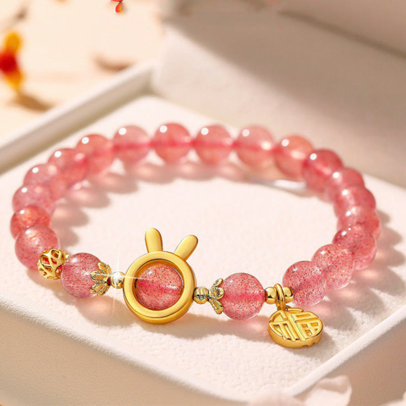 Natural Strawberry Quartz Rabbit Fu Character Charm Love Bracelet