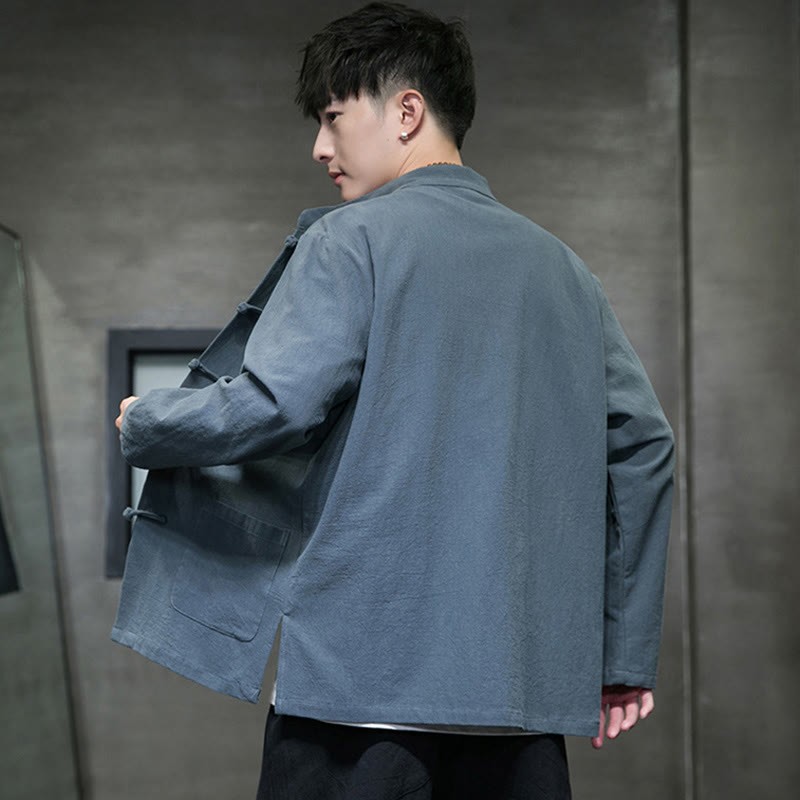 Solid Color Frog-button Tang Suit Cotton Linen Men's Jacket Shirt With Pockets