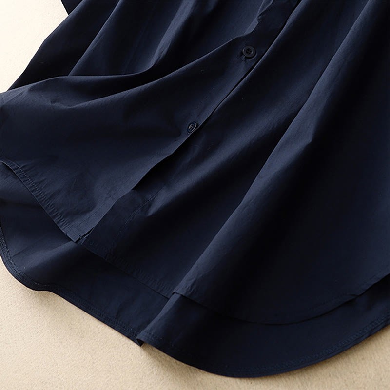 Summer Solid Color Embroidery Plants Flower Three Quarter Sleeve Lapel Button Cotton Women's Shirt