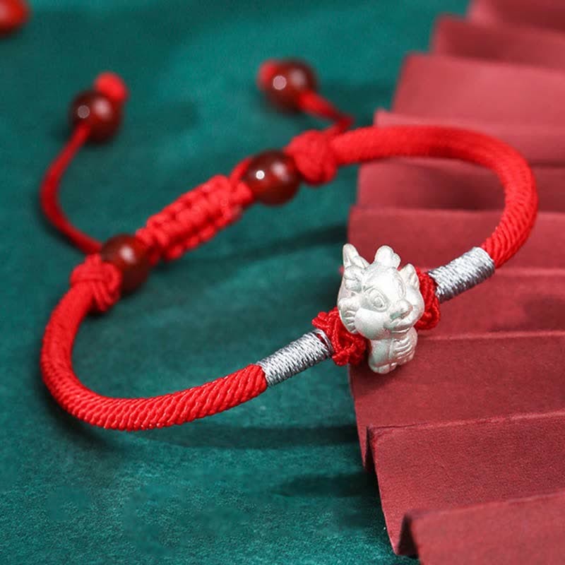 999 Sterling Silver Chinese Zodiac Luck Strength Red String Bracelet