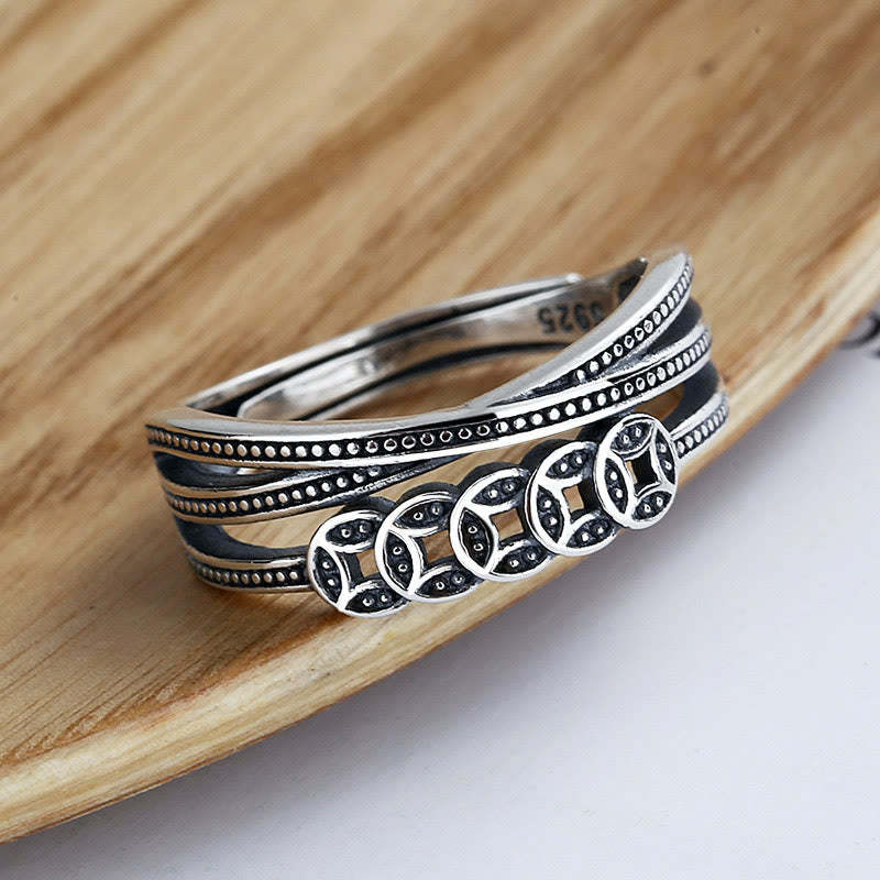925 Sterling Silver Copper Coins Wealth Blessing Adjustable Ring