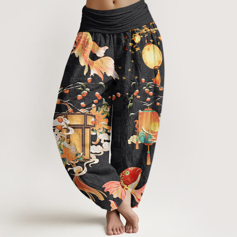 Koi Fish Lanterns Chrysanthemums Fruit Trees Women's Elastic Waist Harem Pants