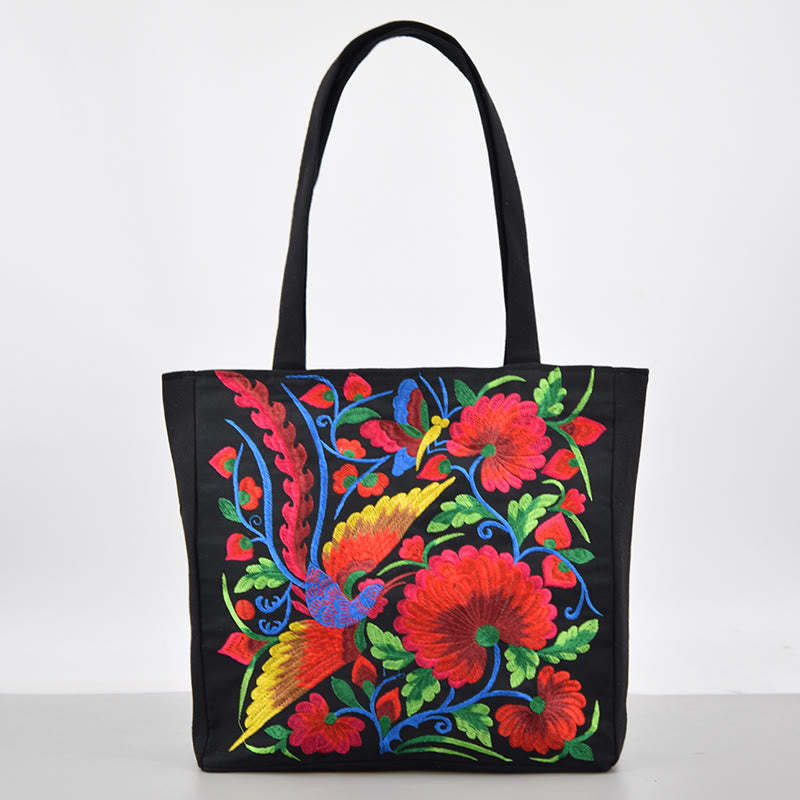 Galsang Magpie Peony Camellia Chrysanthemum Embroidery Canvas Shopping Purse Handbag Shoulder Bag