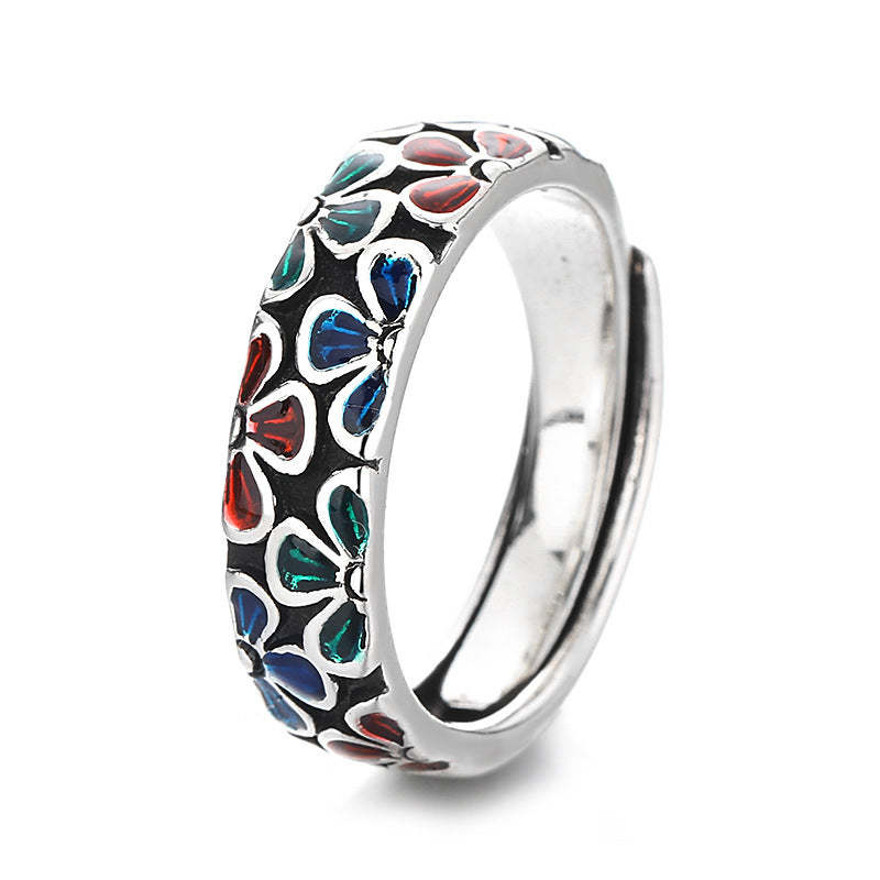 Colorful Plum Blossoms Design Healing Copper Adjustable Ring