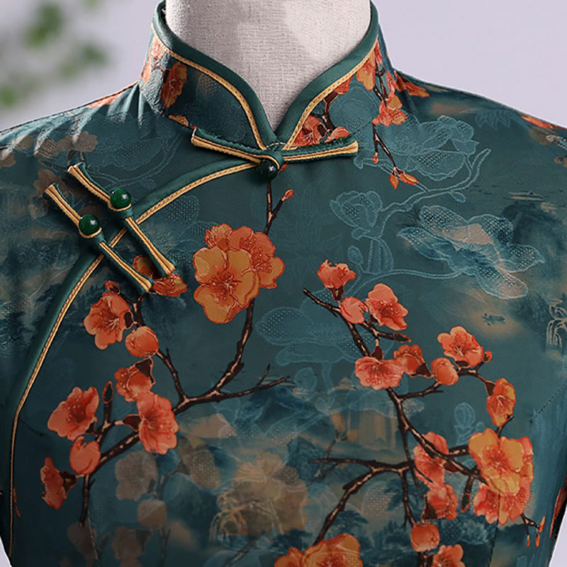 Retro Flower Lotus Peony Feather Print Qipao Dress Women's Cheongsam Dress