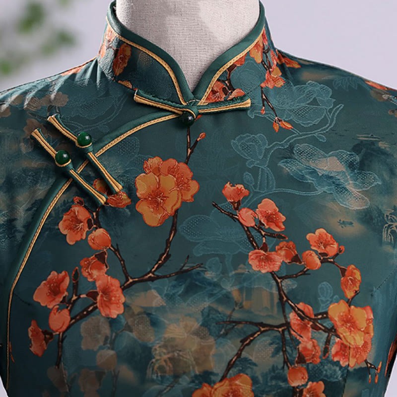Retro Flower Lotus Peony Feather Print Qipao Dress Women's Cheongsam Dress