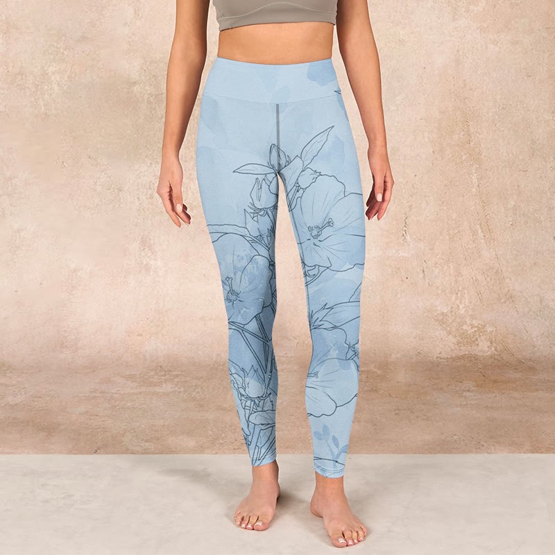 Blue Flower Sketch Print Sports Leggings Women's Yoga Pants