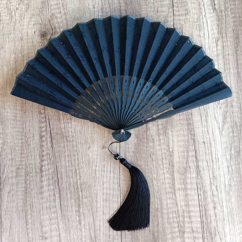 Solid Color Hollow Flowers Embroidery Cotton Fabric Handheld Bamboo Folding Fan