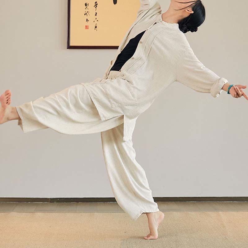 Plain Long Sleeve Coat Jacket Top Wide Leg Pants Zen Tai Chi Yoga Meditation Clothing