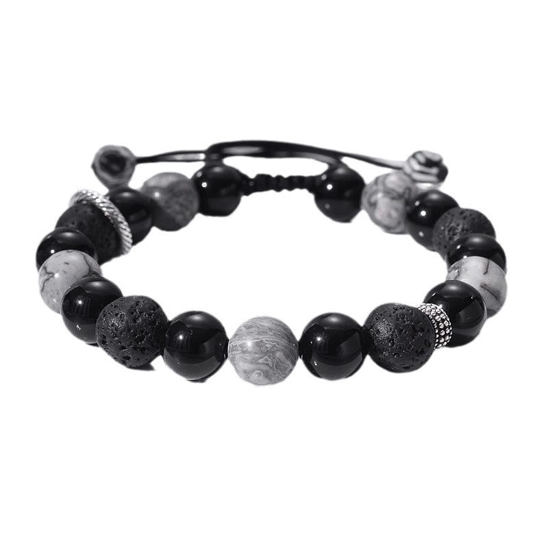 Vintage Lava Rock Black Obsidian Picasso Jasper Beads Support Rope Bracelet