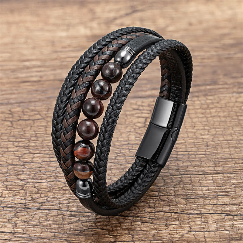 Tiger Eye Lava Rock Black Onyx Lazurite Hematite Bead Positive Leather Bracelet