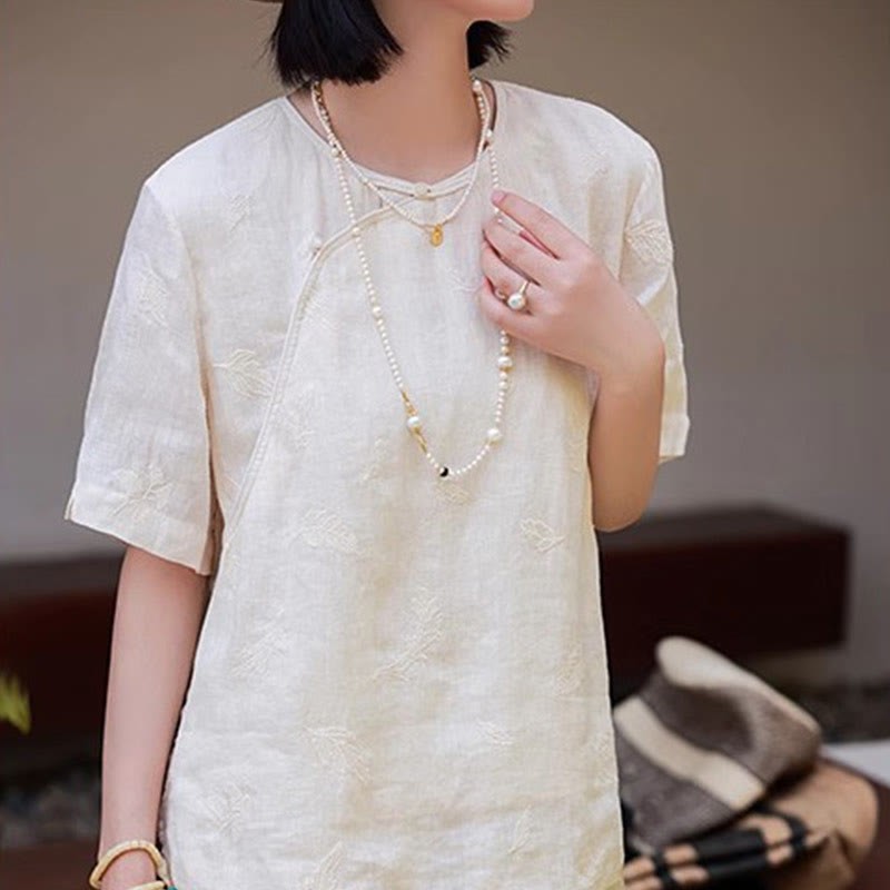 Ramie Linen Loose Blouse Short Sleeve Shirt Chinese Style Top