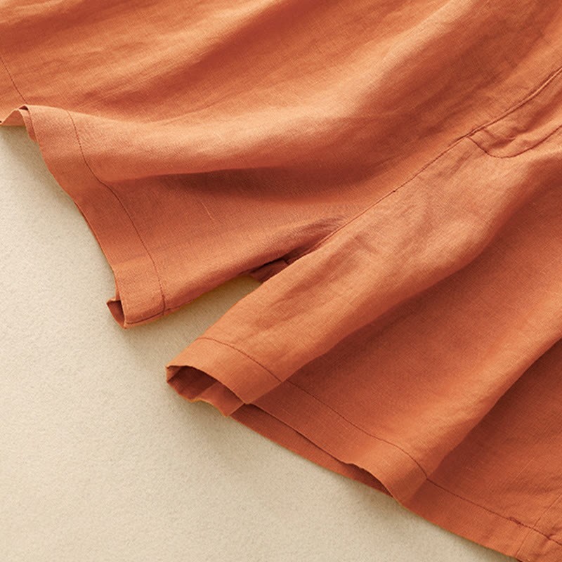 Summer Casual Embroidery Flower Pleated Zipper Button Cotton Linen Women's Shorts With Pockets