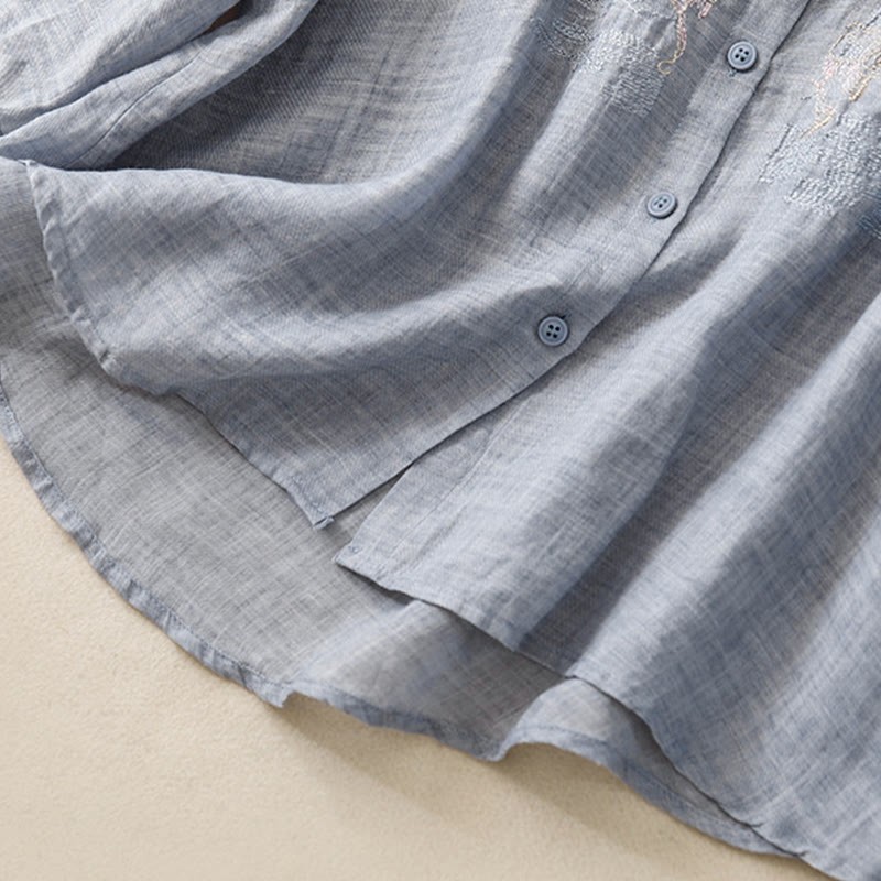Casual Embroidered Plant Stand Collar Design Three Quarter Sleeve Women's Cotton Linen Shirt