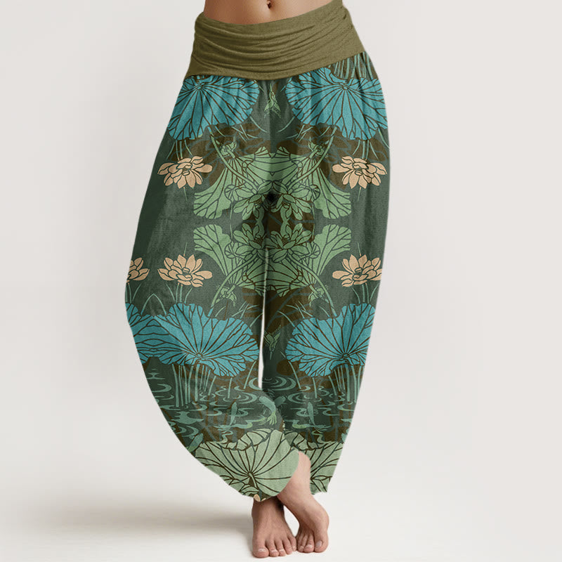 Lotus Leaves Flowers Design Women's Elastic Waist Harem Pants