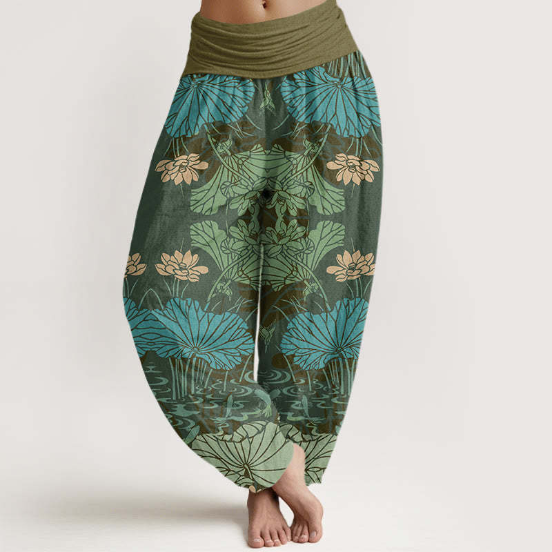 Lotus Leaves Flowers Design Women's Elastic Waist Harem Pants