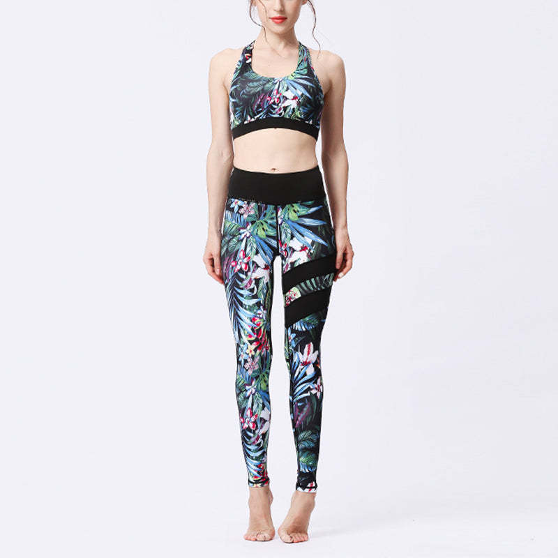 2Pcs Sunflower Flowers Leaves Print Top Pants Sports Fitness Yoga Women's Yoga Sets