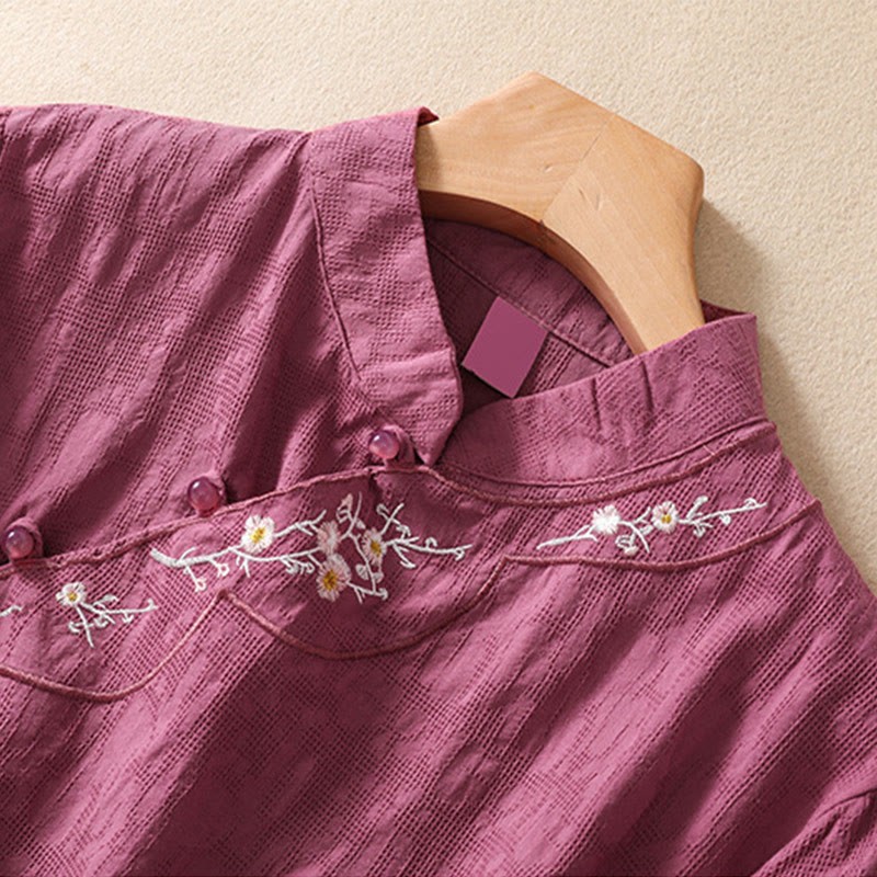 Plum Blossom Embroidery Frog-Button Short Sleeve Cotton Linen Shirt