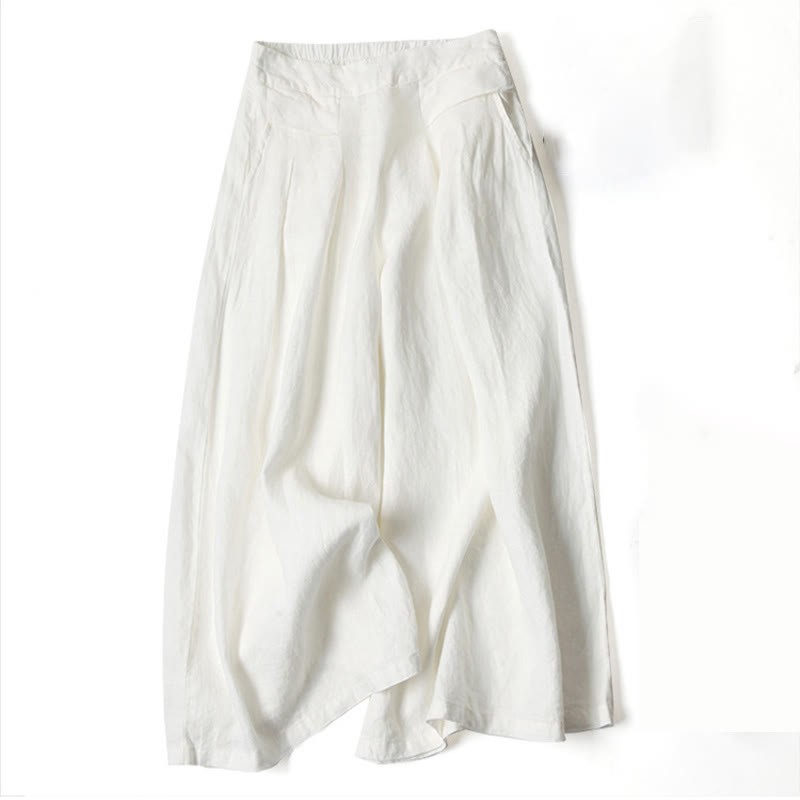 Plain Color Cotton Linen High Waist Wide Leg Pants With Pockets