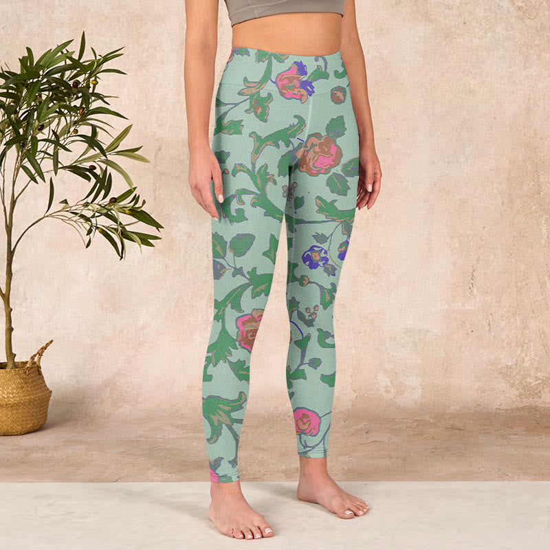 Green Red Roses Green Leaves Print Gym Leggings Women's Yoga Pants