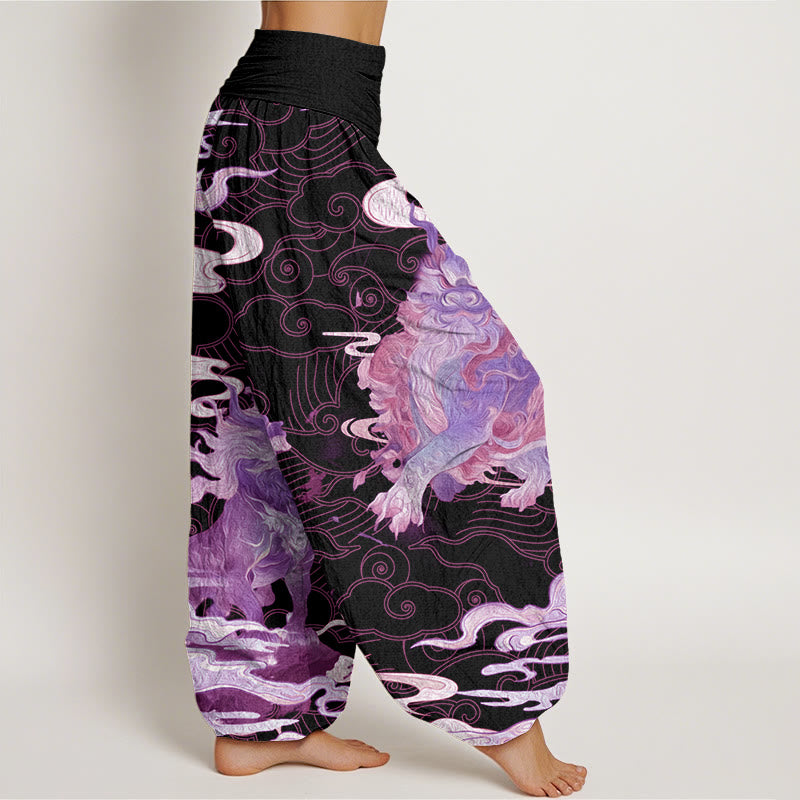 PiXiu Auspicious Clouds Pattern Women's Elastic Waist Harem Pants
