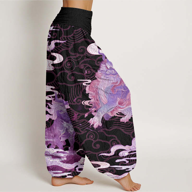 PiXiu Auspicious Clouds Pattern Women's Elastic Waist Harem Pants