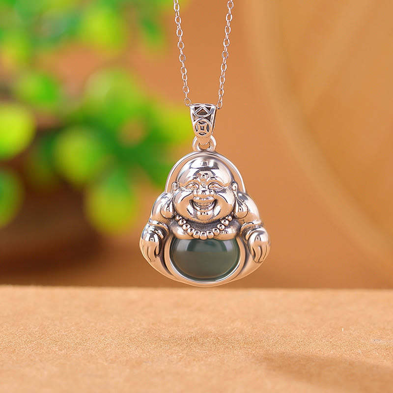 999 Sterling Silver Laughing mystic zen Cyan Jade Lotus Success Necklace Chain Pendant
