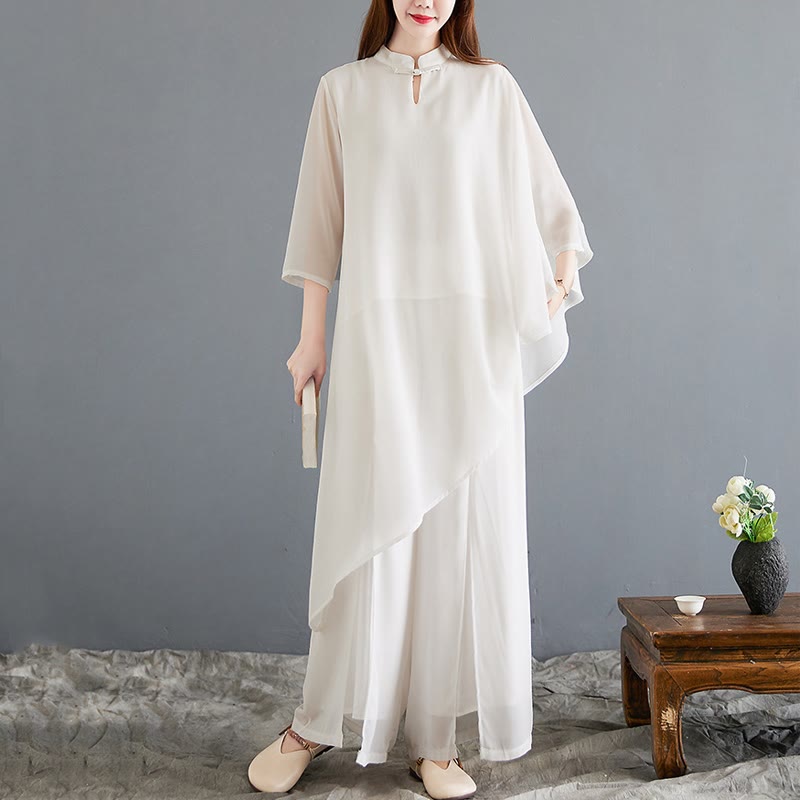 2Pcs Three Quarter Sleeve Irregular Design Shirt Wide Leg Pants Meditation Chiffon Women's Set