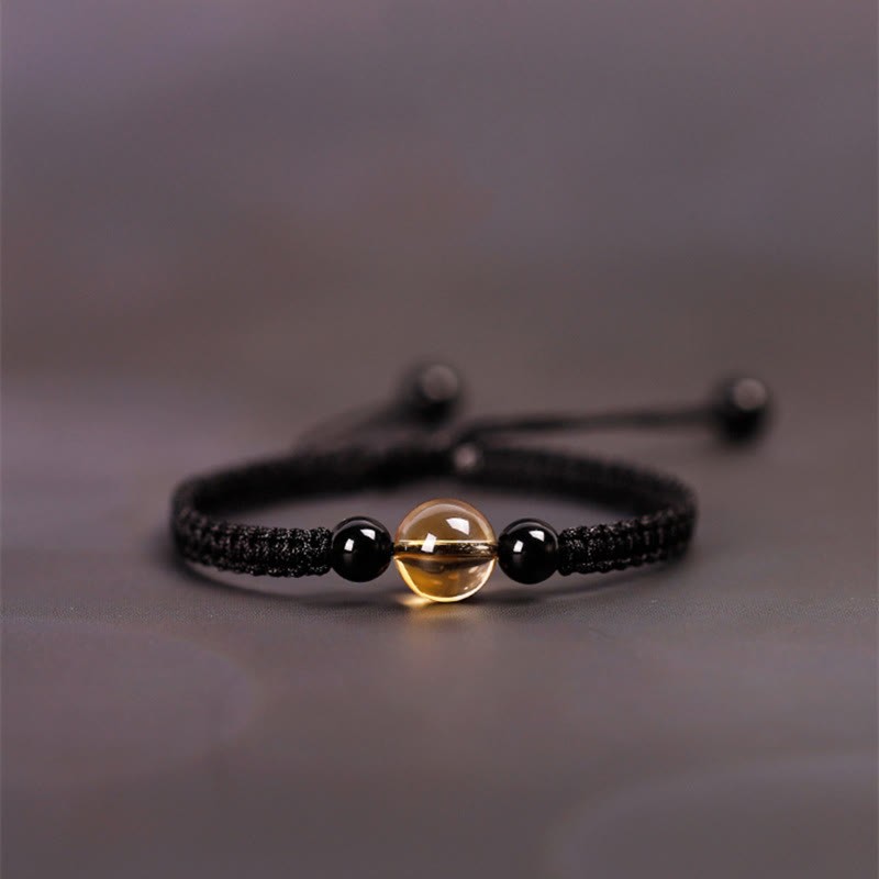 Handcrafted Citrine Black Obsidian Bead King Kong Knot Peace Knot Luck Rope Bracelet