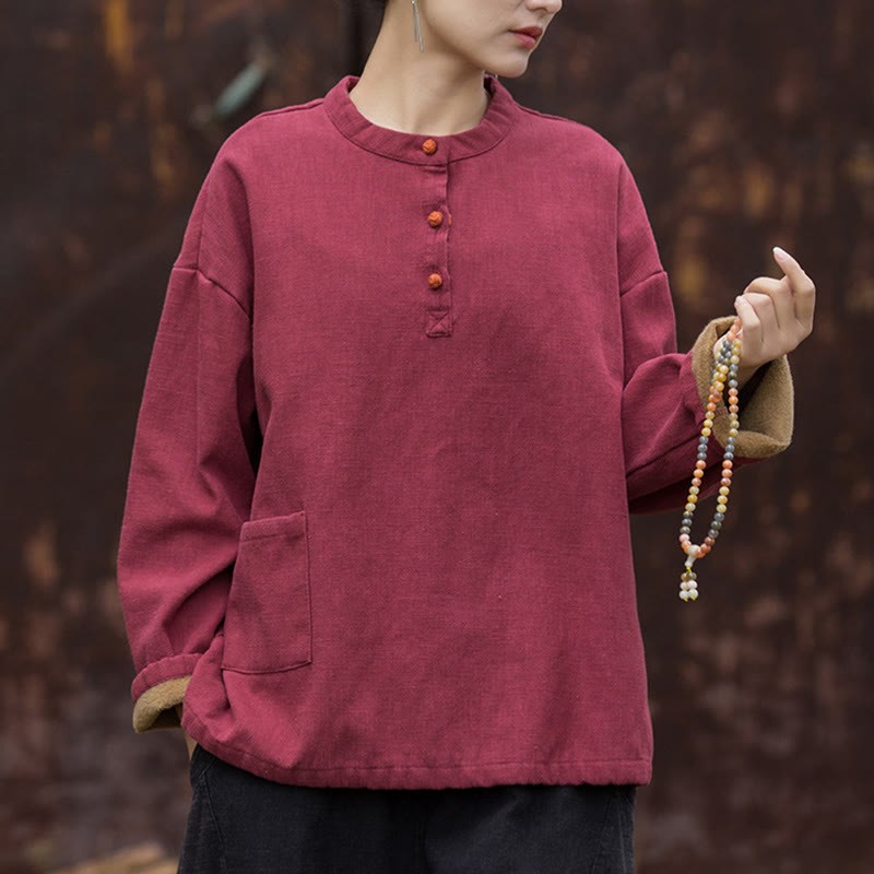 Retro Solid Color Thermal Long Sleeve Ramie Linen Women's Shirt