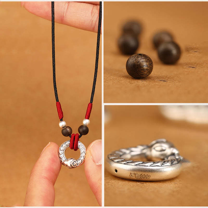 999 Sterling Silver Year of the Snake Round Circle Agarwood Protection Necklace Pendant