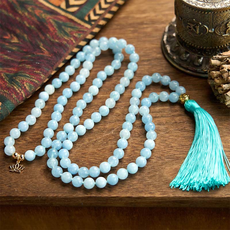 108 Mala Beads Natural Stone Aquamarine Tassel Lotus Healing Bracelet