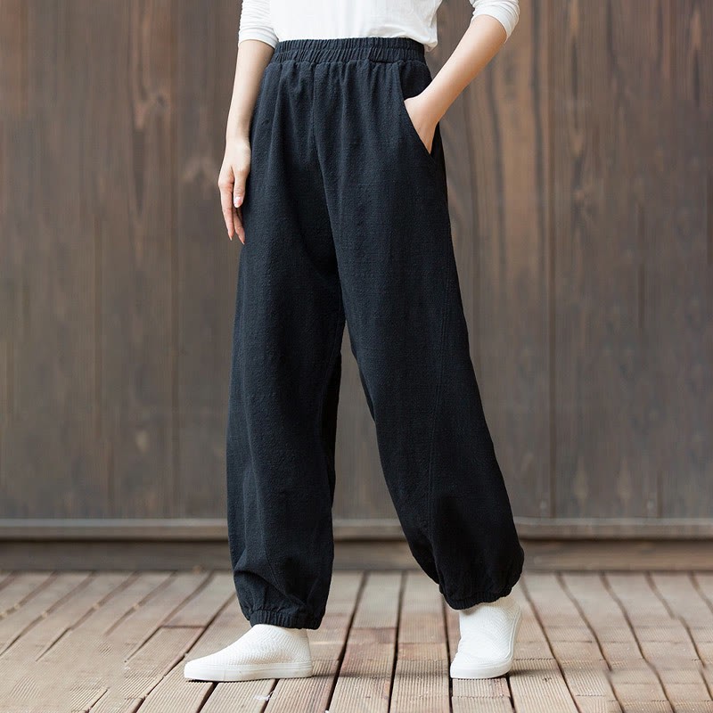 Casual Solid Plain Color Carrot Elastic Waistband Cotton Ramie Women's Pants With Pockets