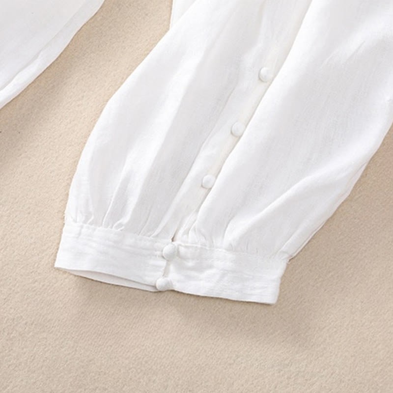 Pure Color Drawstring Frog-Button Cotton Linen Women's Harem Pants With Pockets
