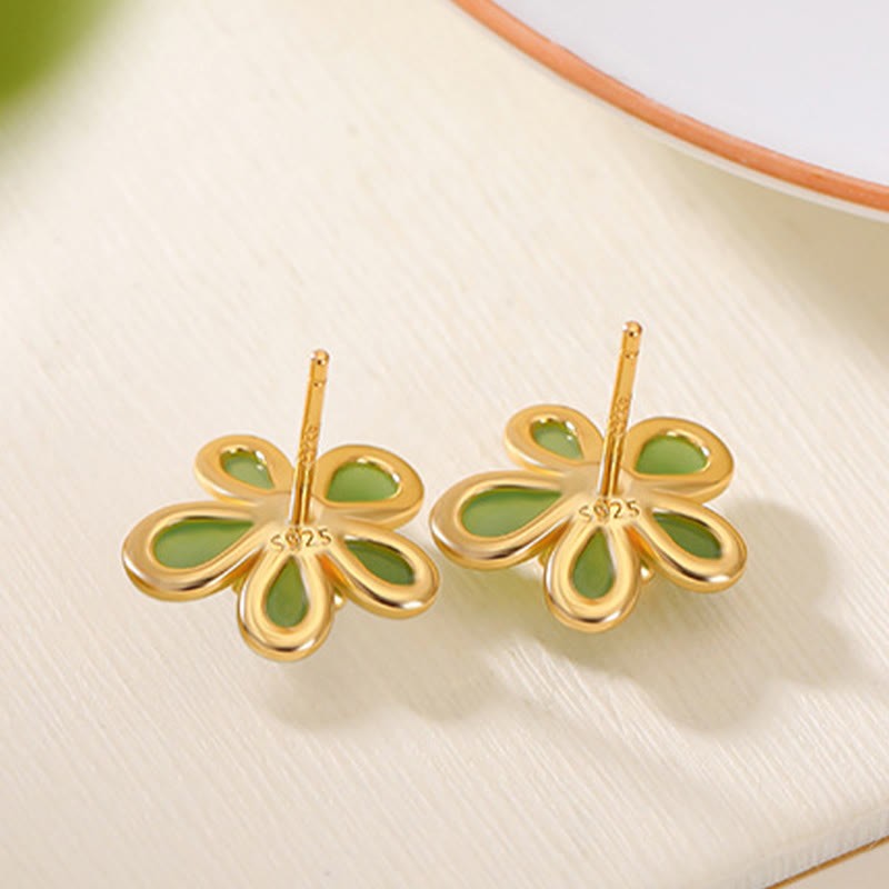 925 Sterling Silver Hetian Jade Flower Design Abundance Luck Earrings