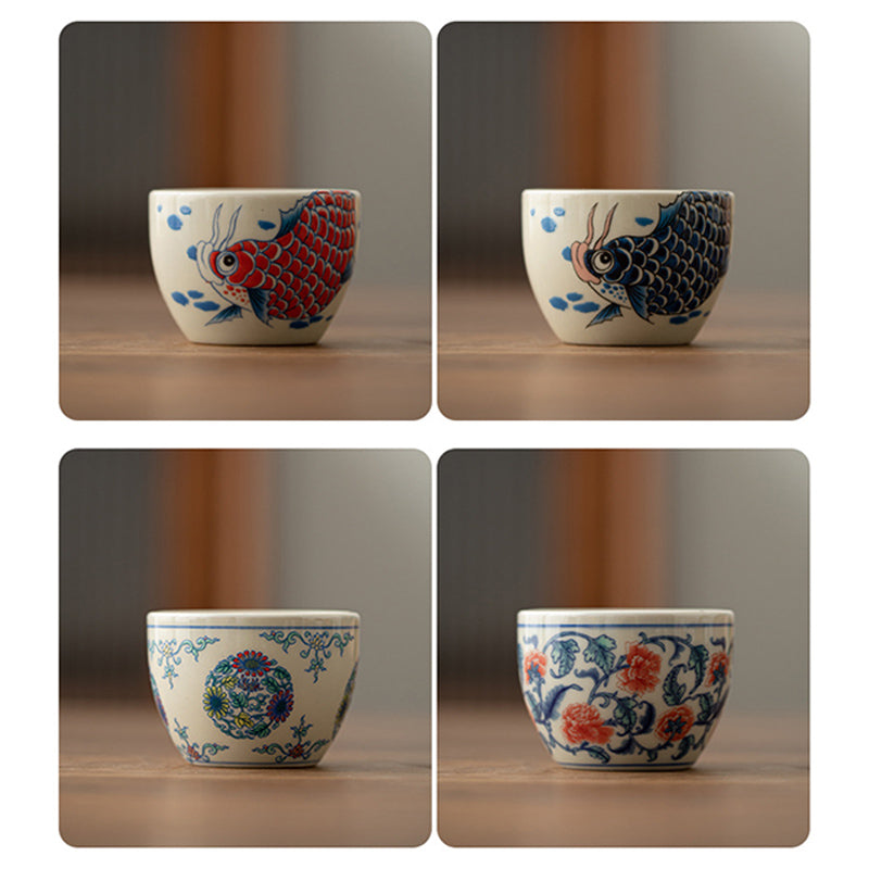 Koi Fish Arowana Peony Sunflower Ceramic Teacup Kung Fu Tea Cup 60ml