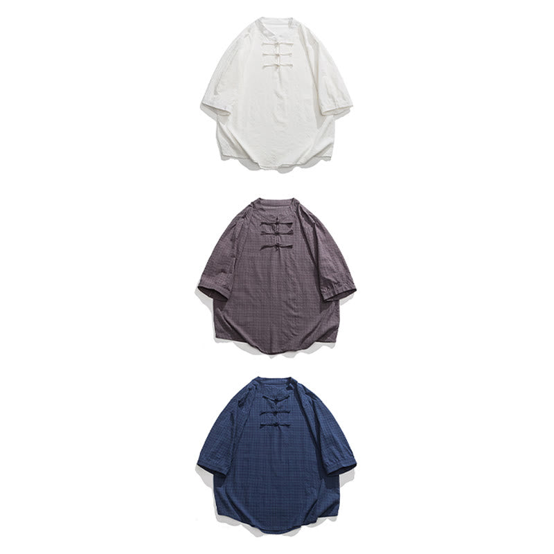 Frog-Button Plaid Pattern Chinese Tang Suit Half Sleeve Shirt Cotton Linen Men Clothing