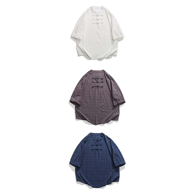 Frog-Button Plaid Pattern Chinese Tang Suit Half Sleeve Shirt Cotton Linen Men Clothing