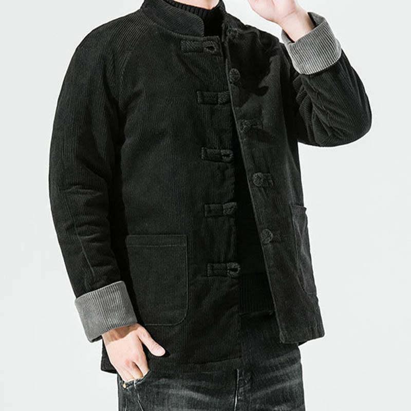 Frog-Button Chinese Tang Suit Stand Collar Long Shirt Corduroy Men Cotton Jacket Clothing